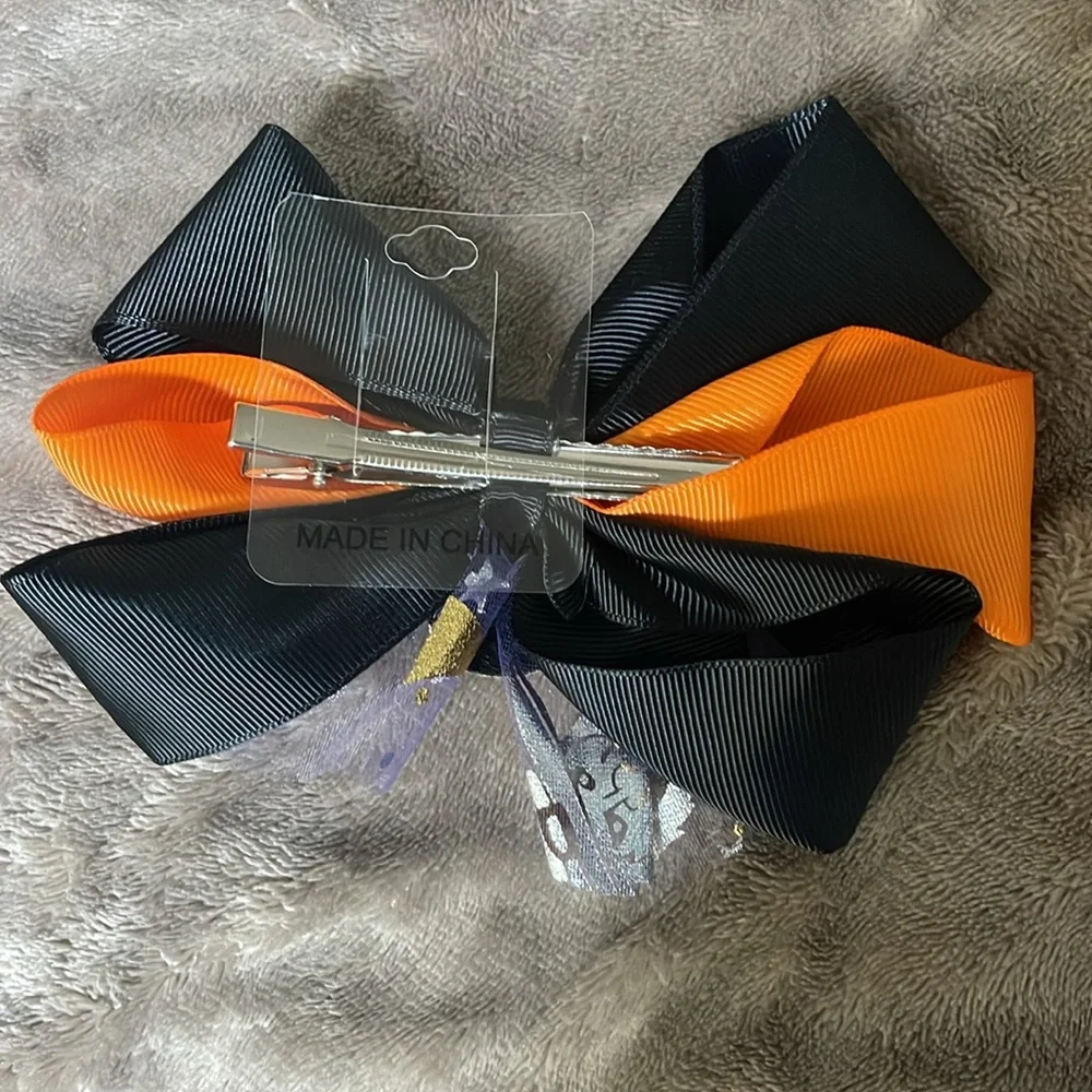 Black and Orange Skull Hair Bow Halloween glitter tulle nwt